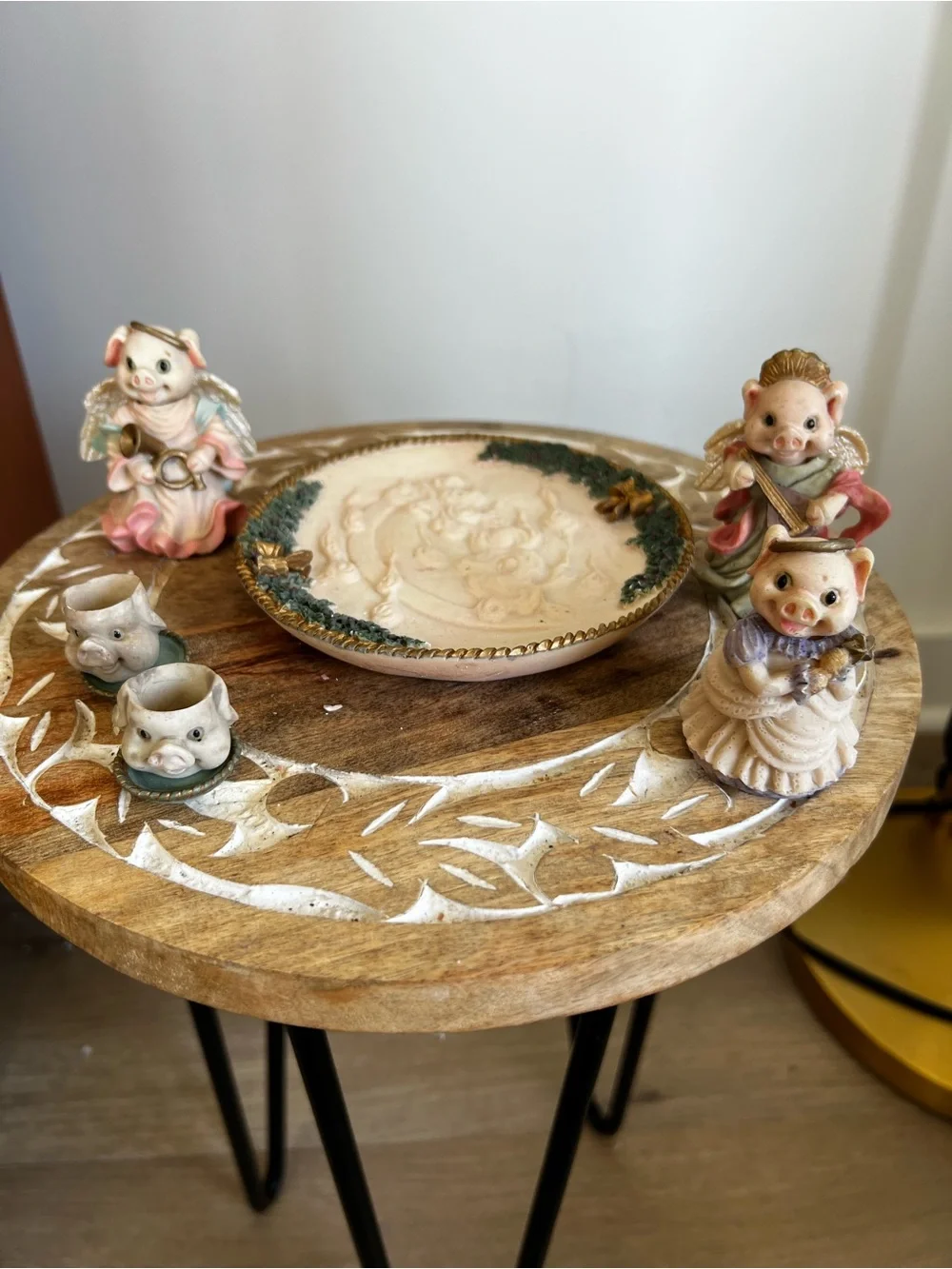 Hand-Painted Ceramic Piglet Figurine Ensemble in Pastel Colors
